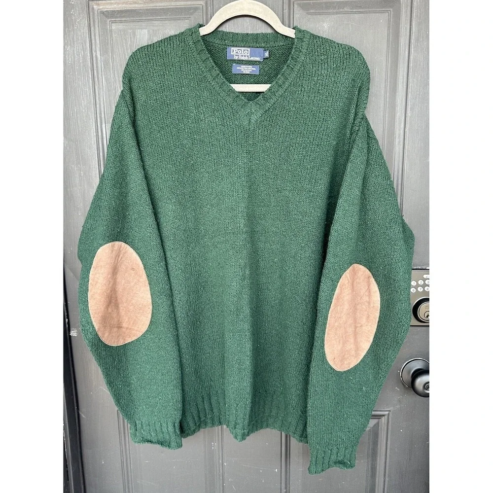 Vintage‎ Polo Ralph Lauren Alpaca Wool Pullover V Neck Sweater Suede Elbow Patch